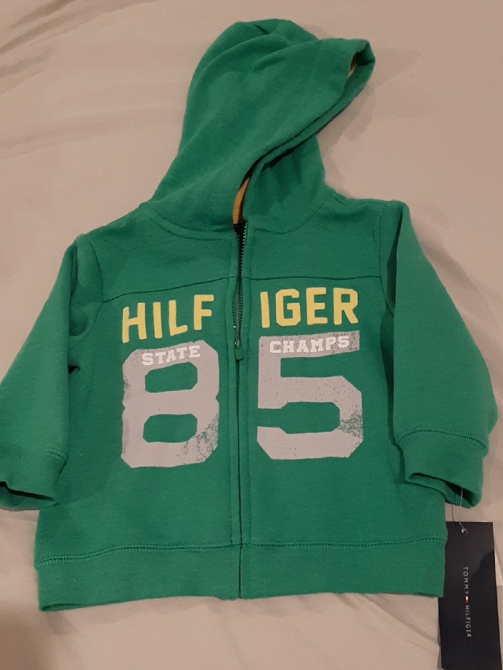 Tommy Hilfiger 18 Month NWT Green Hooded Zip Sweatshirt with Chest Graphics